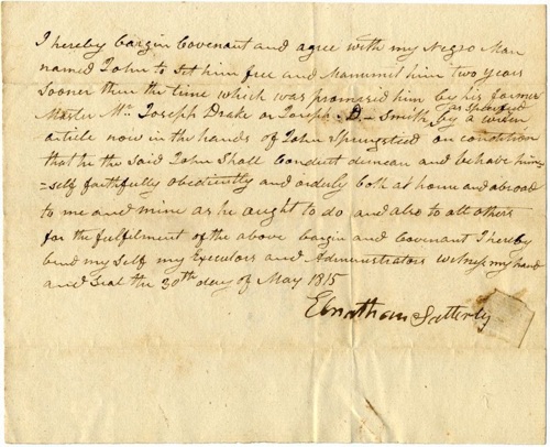 E. Satterly manumits his slave, John. Obverse.  May 30, 1815 chs-011858